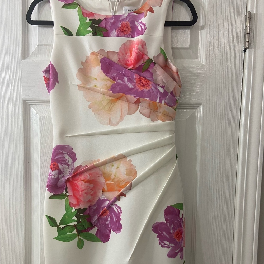 Calvin Klein White and Pink One Shoulder Dress